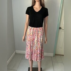 Christopher & Banks Black Top with Floral Pink Midi Skirt